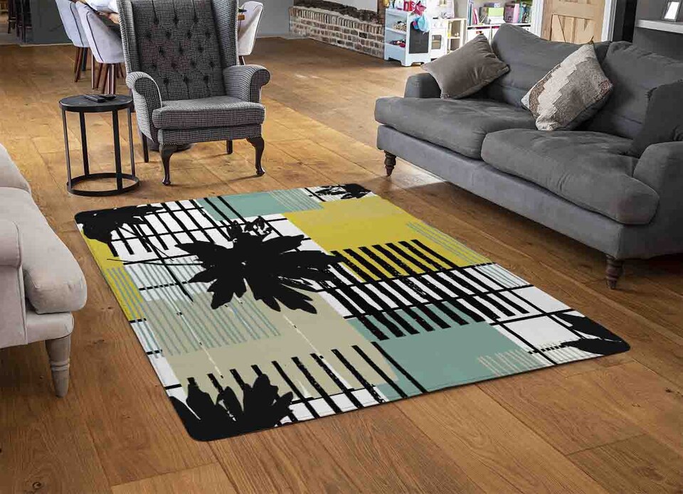 image 1 of Geometric Shape & Leaf Print In Yellow & Green Rug | Multi
