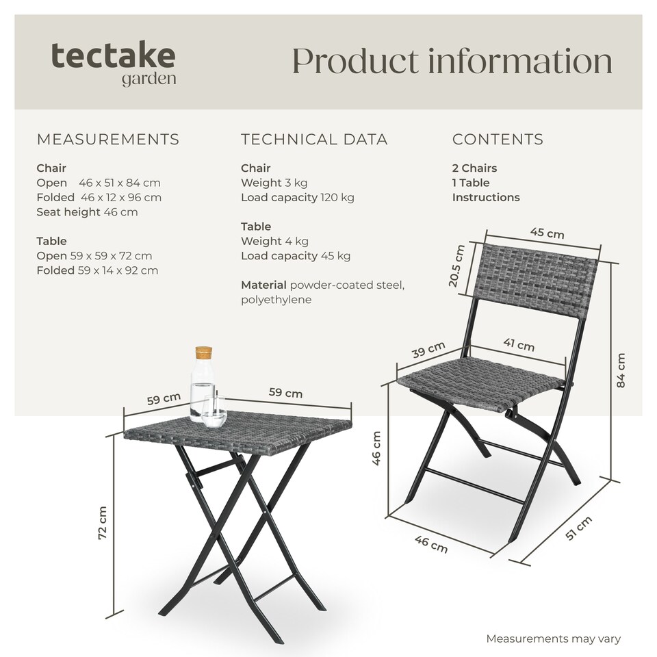 image 1 of Garden Furniture Set Trevi - 2 chairs, 1 table, bistro set, foldable | Grey | grey | 45 x 54,50 x 81 cm | 1