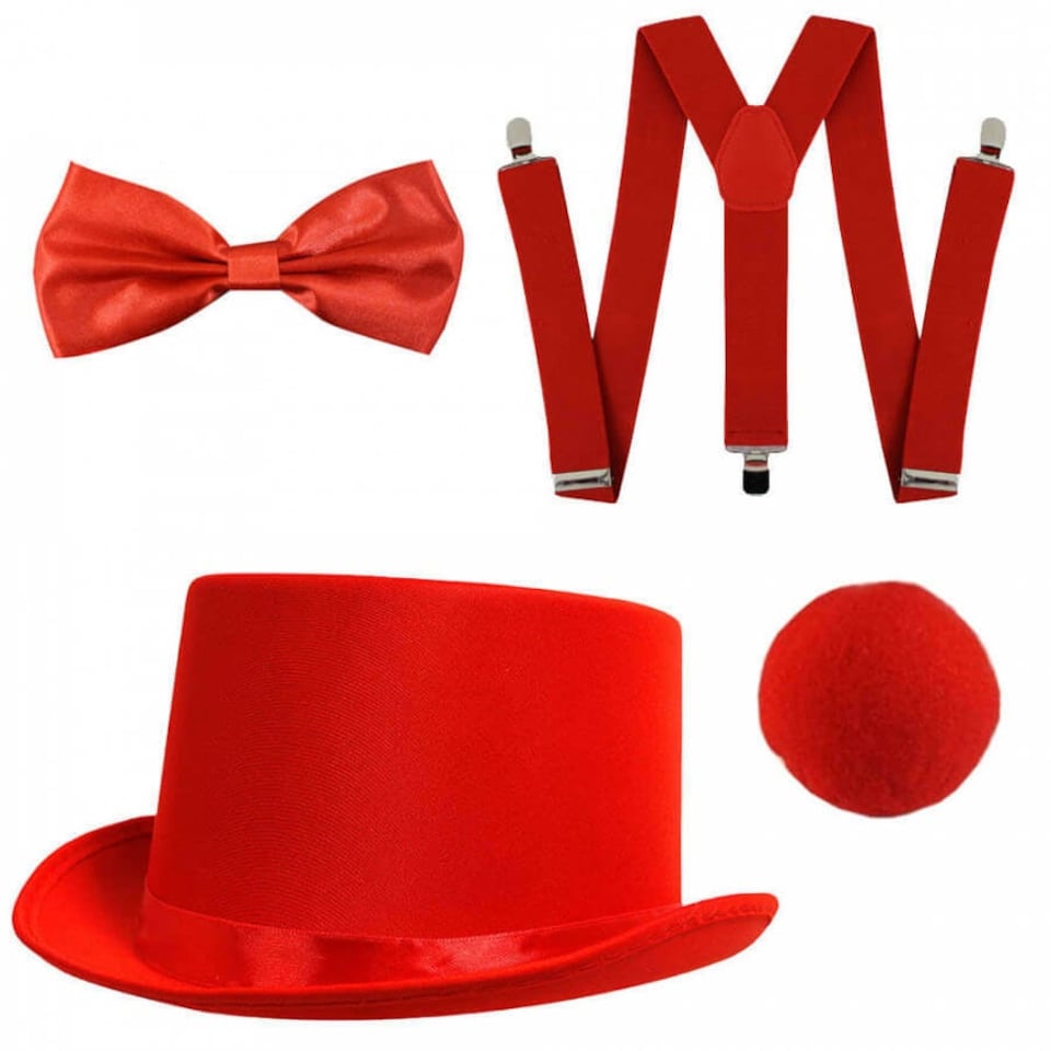 image 1 of Red Nose, Satin Top Hat, Braces, Satin Bow Tie Red | One Size