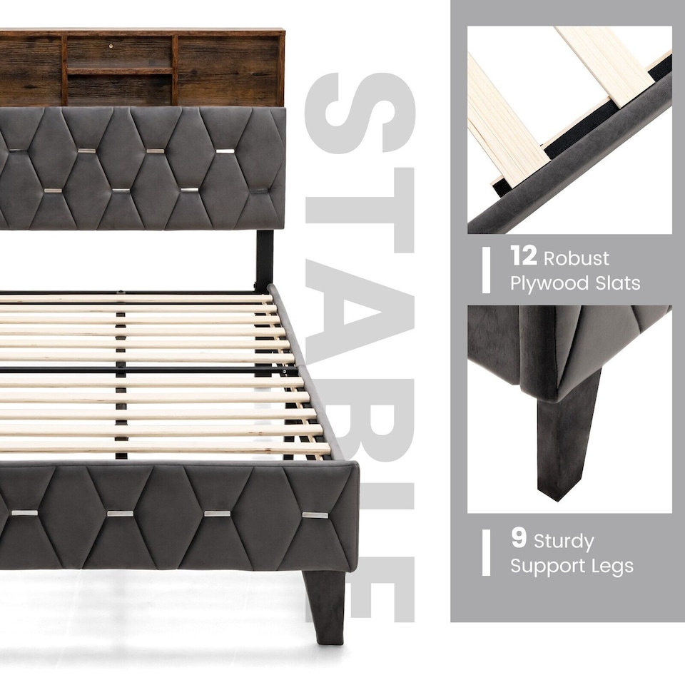 image 1 of COSTWAY Single Size Bed Frame Upholstered Slat Support Platform Bed