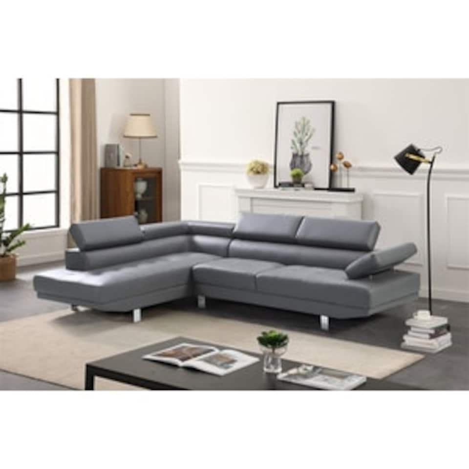 image 1 of Fidenza Leather Corner Sofa Adjustable Headrests, L-Shaped Sectional, Contemporary Living Room Seating, Left Hand Facing Grey
