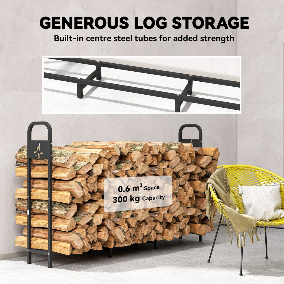 image 1 of Outsunny 6.5 FT Steel Firewood Log Rack with 300 kg Capacity, Heavy Duty Indoor Outdoor Fireplace Wood Storage Shelf, Log Holder/Stand with Extra Support Legs, Decorative Bonfire Pattern, Black