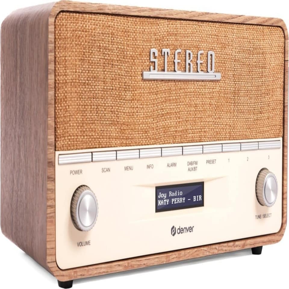 image 1 of Large Vintage Style DAB/DAB+ & FM Radio – Bluetooth – High Contrast Large Screen - AUX In – Clock & Dual Alarm – Dark Wood Cabinet – 2x5W – Mains or Battery