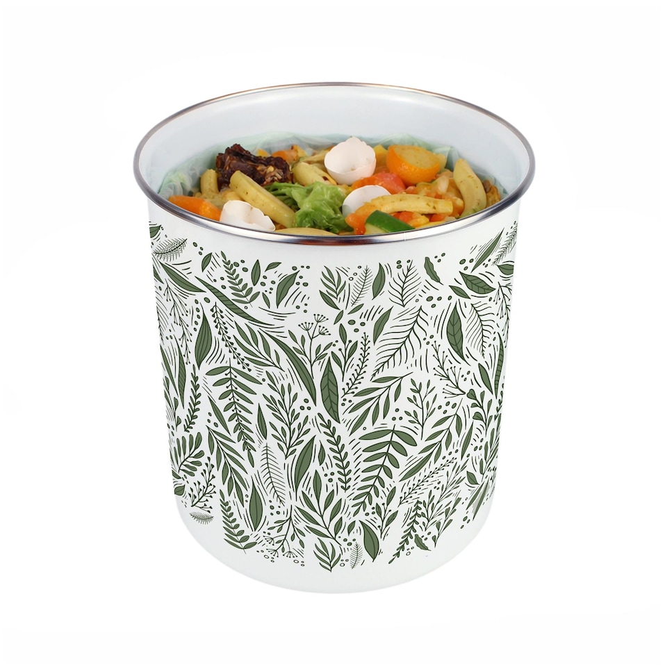 image 1 of Pretty Green Leaves Food Waste Caddy - Enamel 2L Kitchen Compost Bin