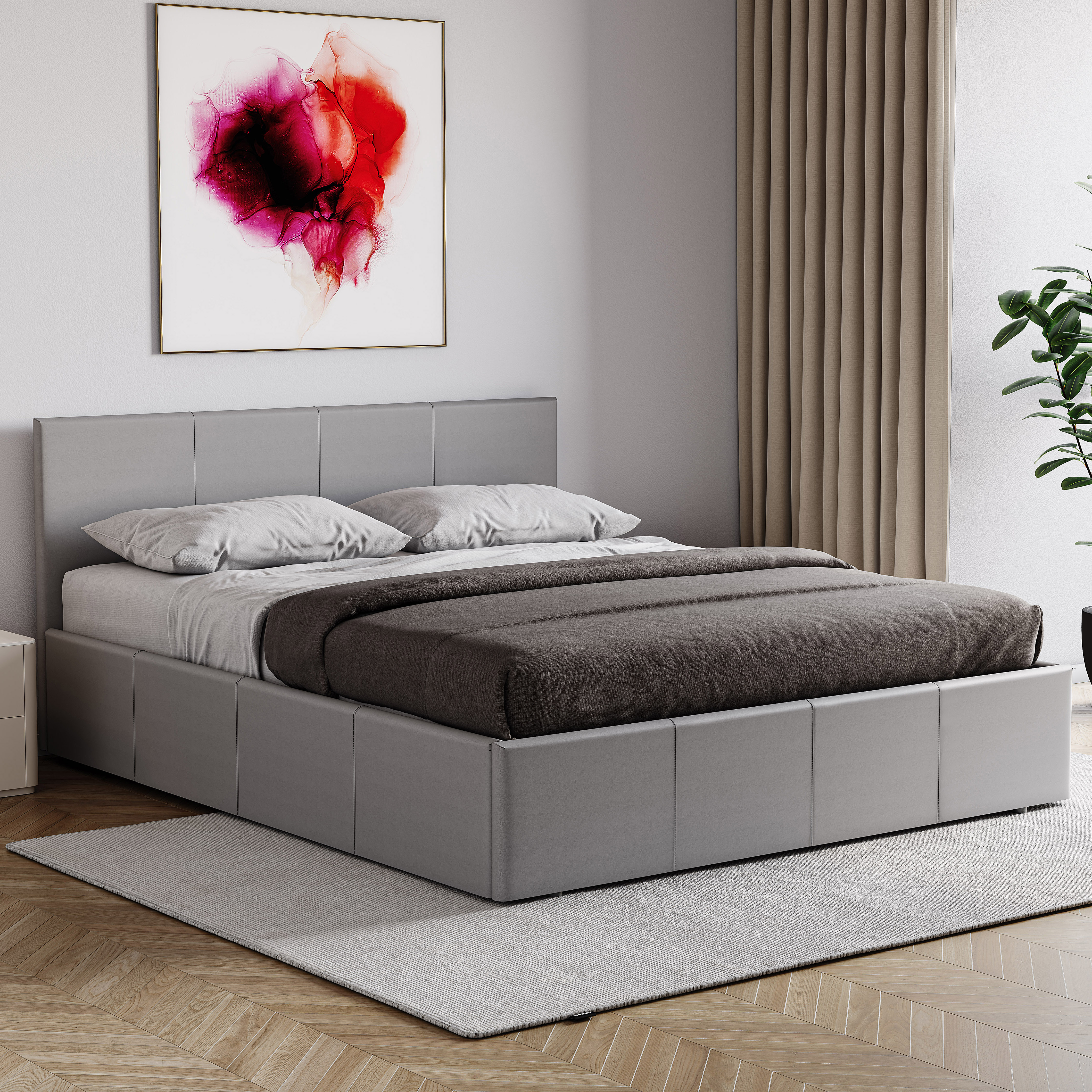 Vida Designs Lisbon 4ft6 Double Ottoman Bed Storage Faux Leather, Grey, 135 x 190cm