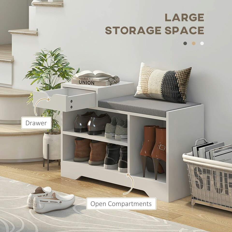 image 1 of HOMCOM Upholstered Entryway Shoe Bench with Storage Drawer Open Shelf Brown