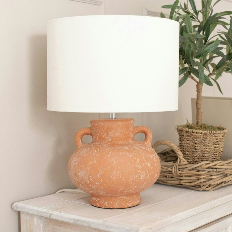 image 1 of ValueLights Theo Linen Drum Lamp Shade Terracotta Vase Hand Finished Table Lamp Orange