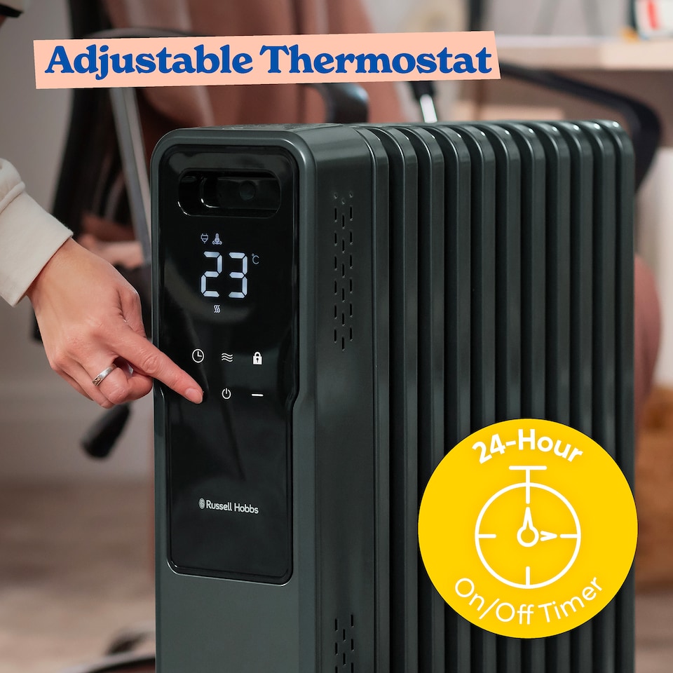 image 1 of Russell Hobbs® RHOFR2500-M-D 2.5kW 11 Fin Digital Oil Filled Radiator with M-Shaped Fins Touch Control and Remote in Graphite