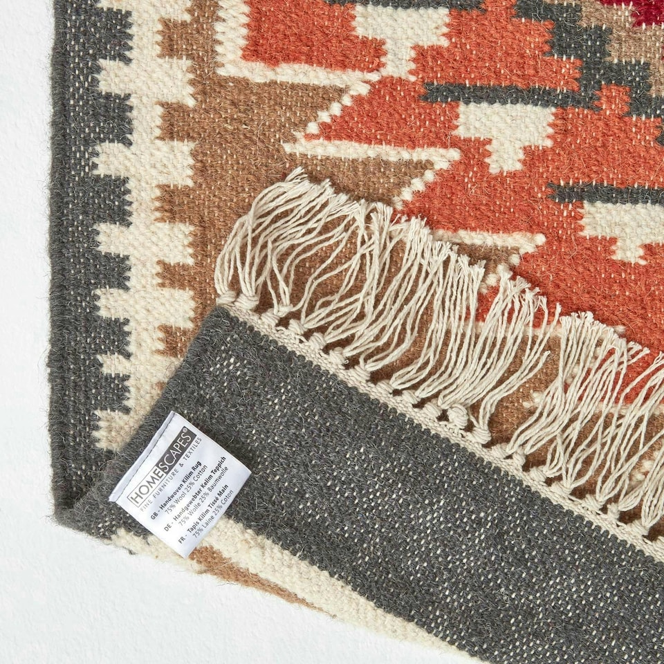 image 1 of Homescapes Jaipur Handwoven Brown and Orange Kilim Wool Hall Runner - 66 x 200 cm | Multi