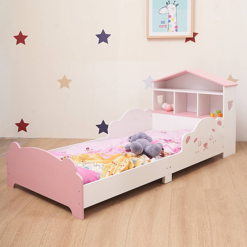 image 1 of TOTO Wooden Toddler Bed w/ Integrated Bookshelf Storage Junior Kids Frame - White