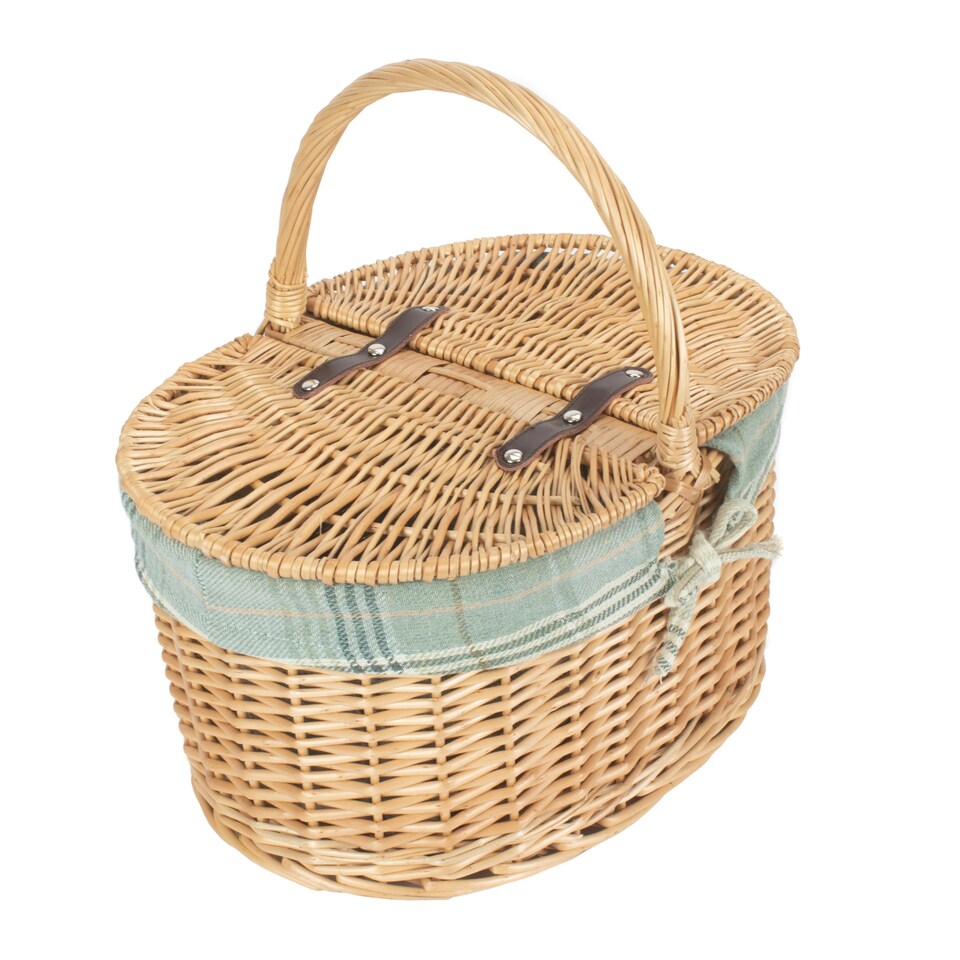 image 1 of Buff Oval Picnic Basket with Cream Tartan Lining | Green | Green
