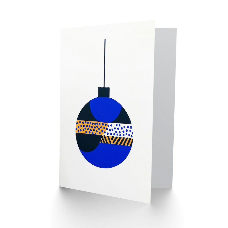 image 1 of Bauble Blue Orange Modern Ornament Fun Xmas Art Blank Christmas Card