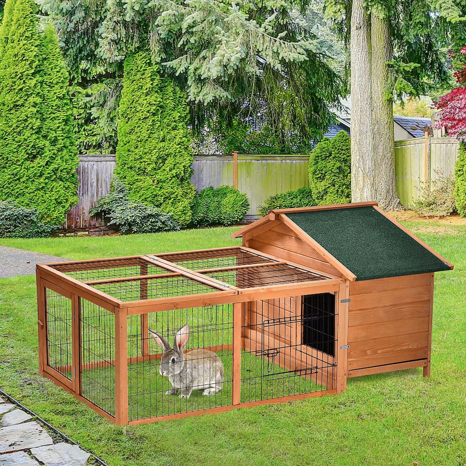 image 1 of PawHut Rabbit Hutch, Guinea Pig Hutch Outdoor Detachable Cage w/ Tray & Roof