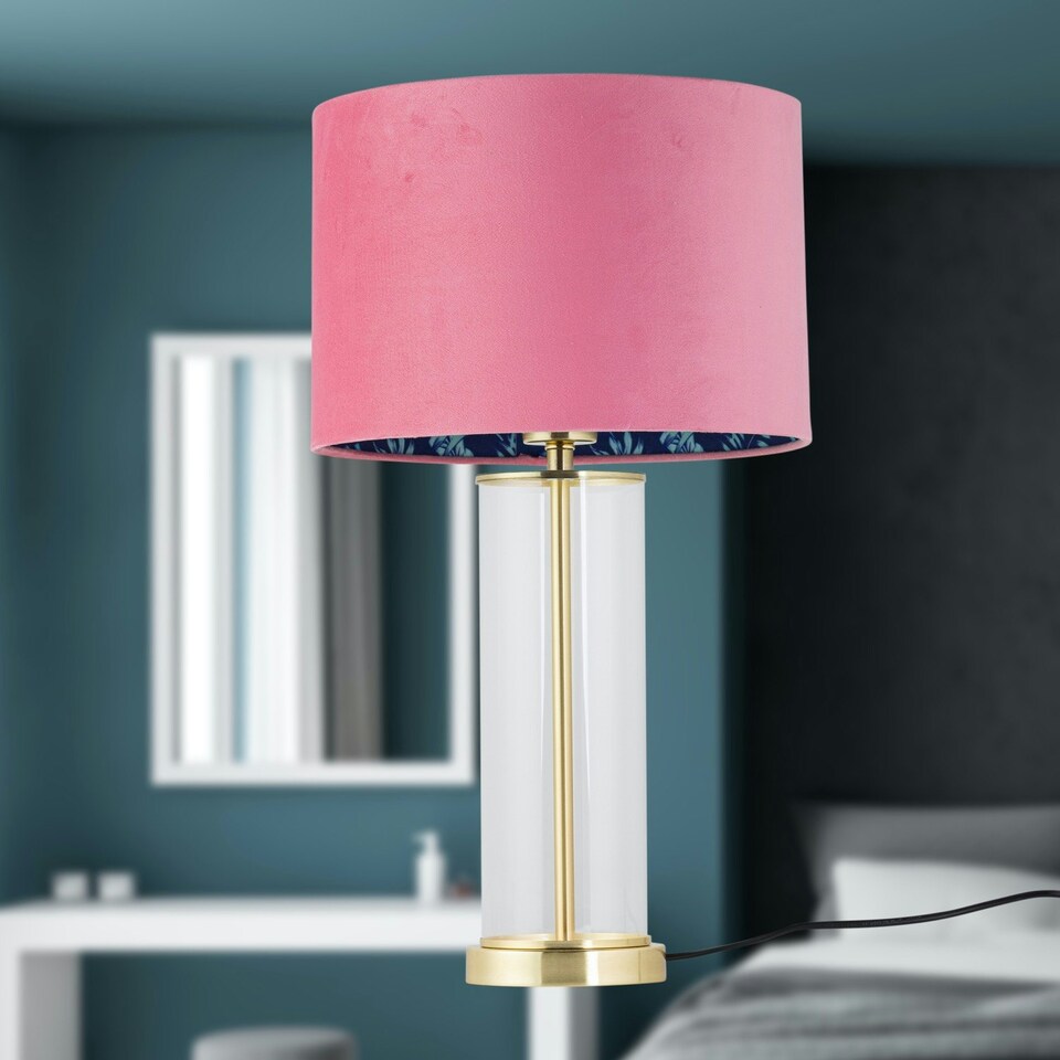 image 1 of Aura - Satin Brass Table Lamp with Pink Velvet Flamingo Shade Bronze | Pink