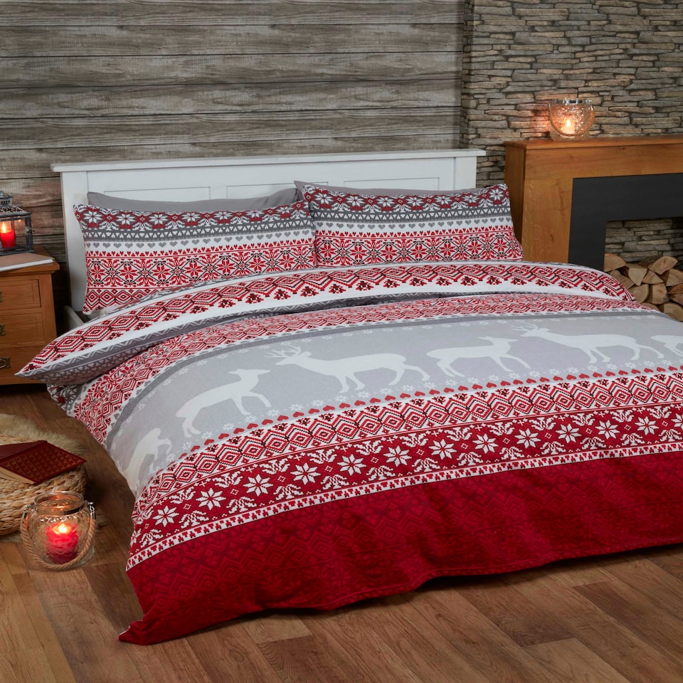 image 1 of Fairisle Reindeer Pure Cotton Bed Cover Sheet Set Red | Double