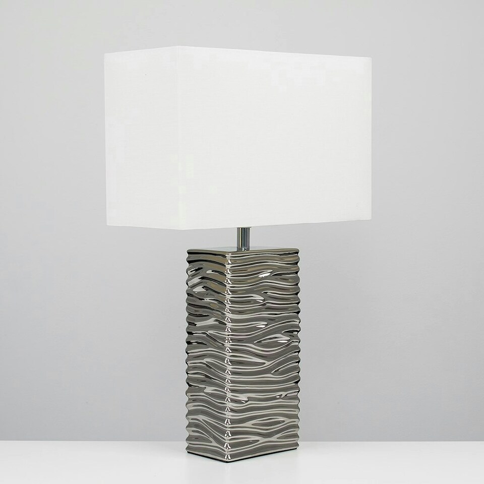 image 1 of ValueLights Pair Of Modern Silver Ripple Effect Ceramic Table Lamps With White Light Shades
