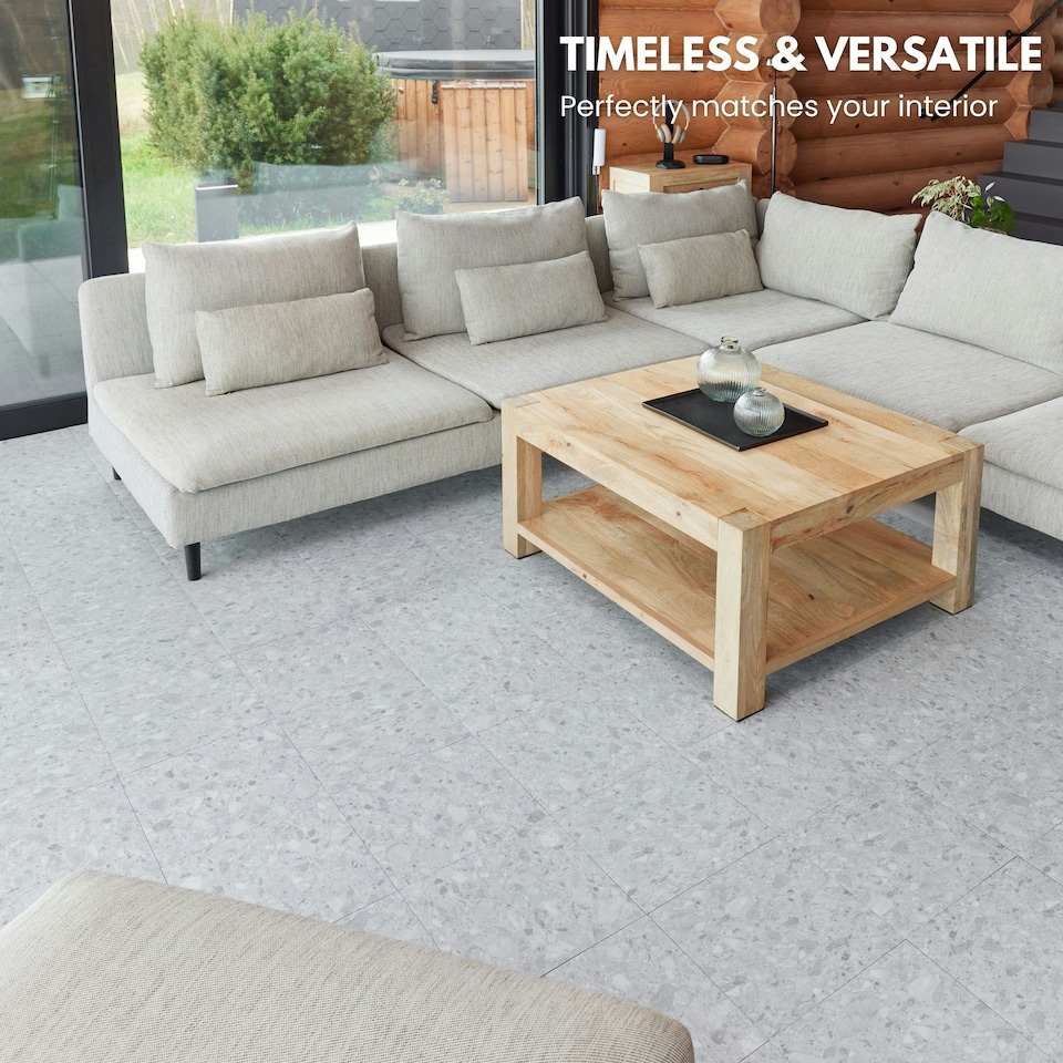 image 1 of NOVECRAFTO Vinyl Floor Tiles Self Adhesive – Peel and Stick 12x12in (30.5x30.5cm) Vinyl Flooring for Kitchen, Bathroom & Living Room – Arctic Terrazzo Design Grey | 5.57 sqm