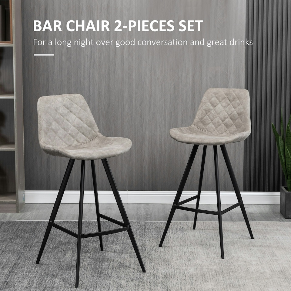 image 1 of HOMCOM Set Of 2 Bar Stools Vintage Microfiber Cloth Tub Seats Padded Steel Grey