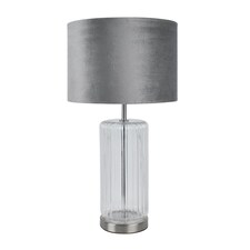 First Choice Lighting Clear Fluted Glass Lamp with Grey Velvet Shade Chrome | Grey