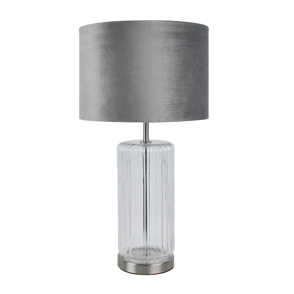 image 1 of First Choice Lighting Clear Fluted Glass Lamp with Grey Velvet Shade Chrome | Grey