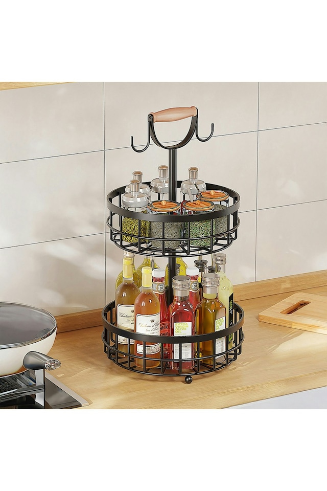 image 1 of Living and Home 2-Tier Fruit Basket with Hangers and Wooden Handle