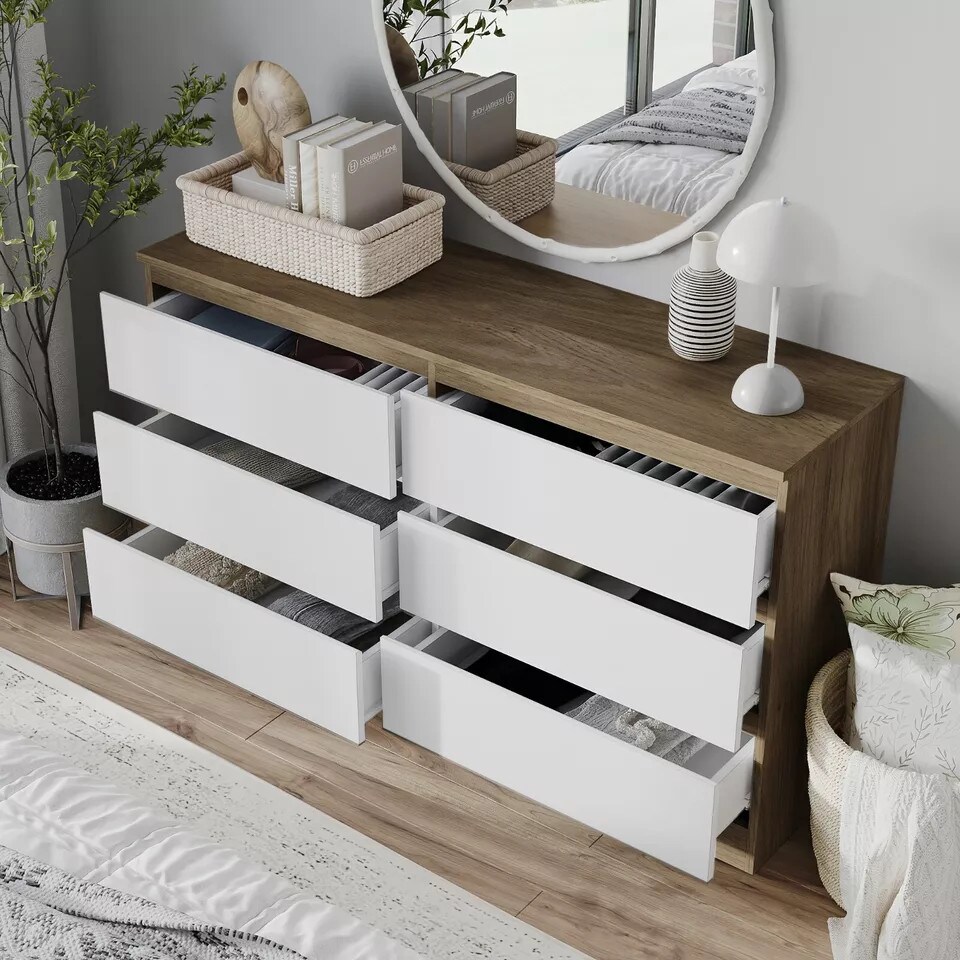 image 1 of Minimalist Chest of 6 Drawers - 68.6x120x35cm | Brown | Oak & White | 1