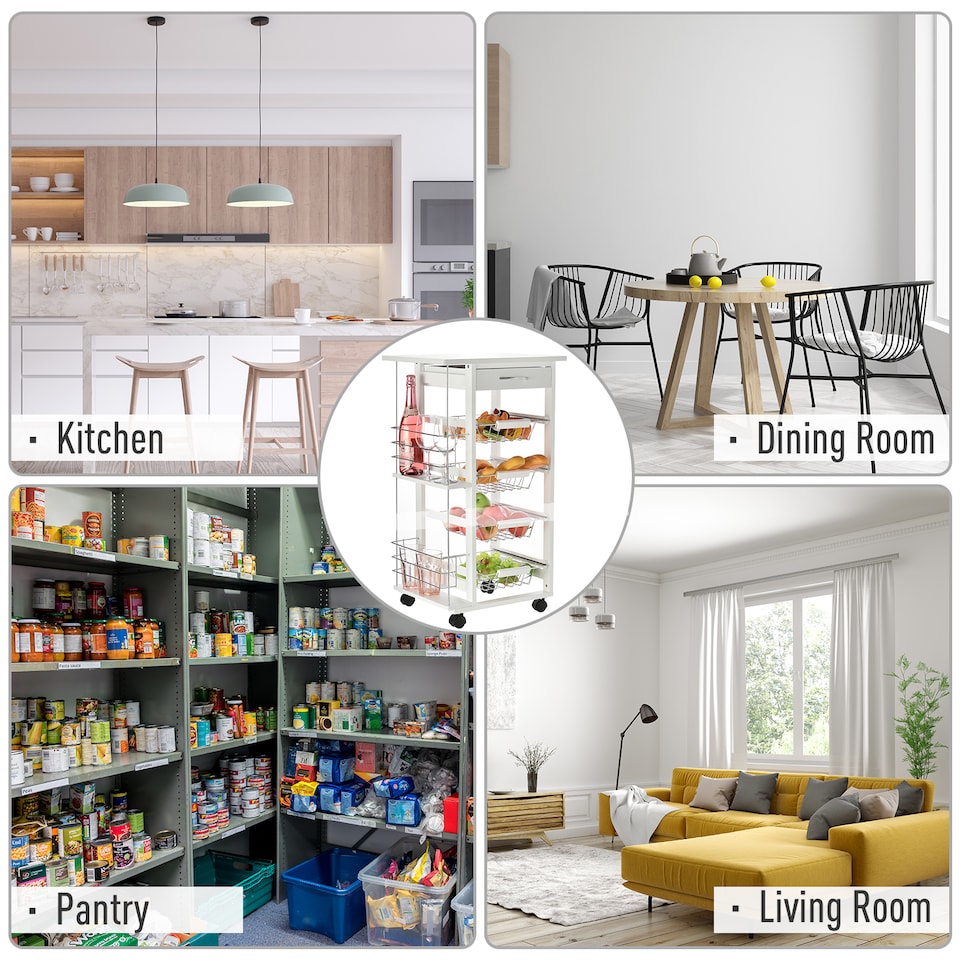 image 1 of HOMCOM Rolling Kitchen Cart, Utility Storage Cart with 4 Basket Drawers & Side Racks, Wheels for Dining Room, White