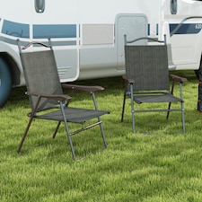 Outsunny Folding Chairs Set of 2, Garden Chair with Armrest, Breathable Mesh Fabric Seat, Camping Sports Chairs for Adults, Dark Brown