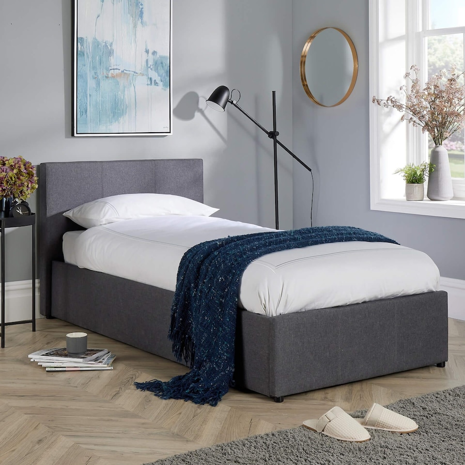 image 1 of Ottoman Side Lift Storage Bed Single Hopsack Fabric Bed Frame Gas Lift Furniture