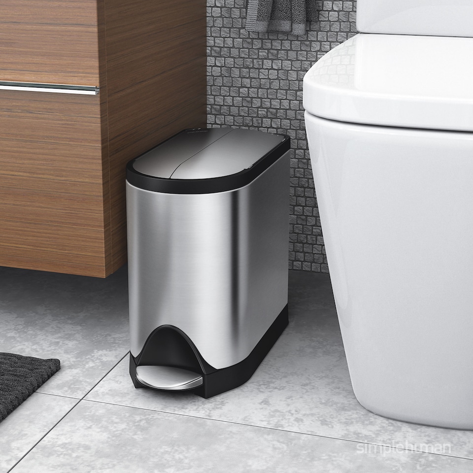 image 1 of Simplehuman 10L Slim Butterfly Bathroom Bin, Brushed Stainless Steel