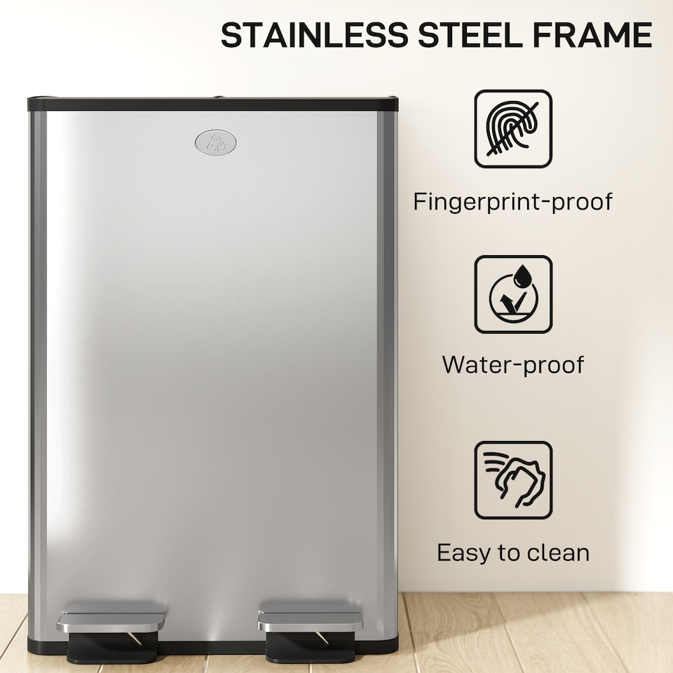 image 1 of HOMCOM Dual Kitchen Bin, 2 x 28L Stainless Steel Double Rubbish Bin with Soft Close Lid, Removable Inner Buckets, Fingerprint-Proof for Recycling and Waste, Silver Tone | Silver | Silver