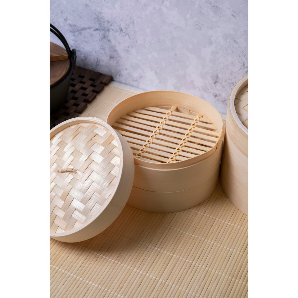 image 1 of KitchenCraft Steaming Basket Wood Bamboo 2 Tier 25cm