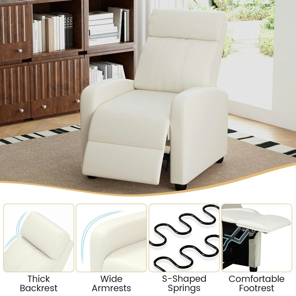 image 1 of COSTWAY Recliner Chair Single Sofa with Adjustable Backrest White White