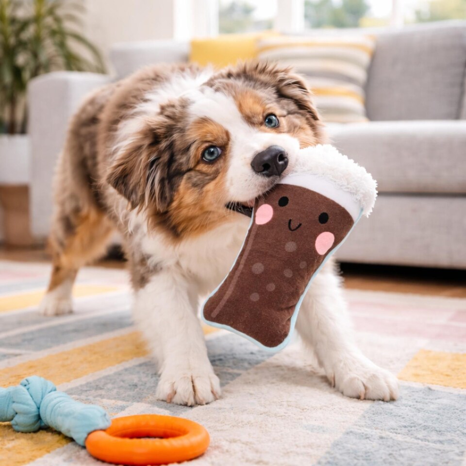 image 1 of Squeaky Plush Dog Toy Summer Brown Stout Drinks Design Pet Puppy Chew Fetch