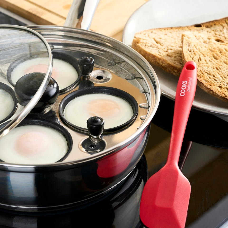image 1 of Cooks Professional Stainless Steel Egg Poacher Pan and Silicon Spatula I 4 Nonstick Egg Poacher Cups I Glass Lid