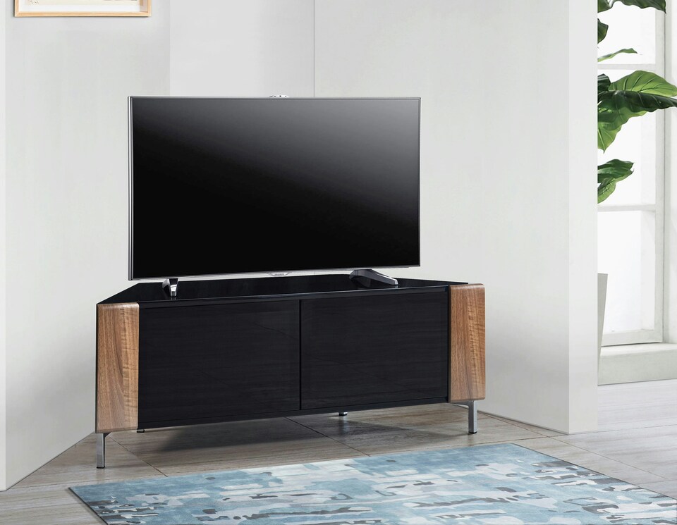 image 1 of MDA Designs CORVUS Corner-Friendly Gloss Black Contemporary Cabinet with Walnut Profiles Black BeamThru Glass Doors Suitable for Flat Screen TVs up to 50" | Multi | 1