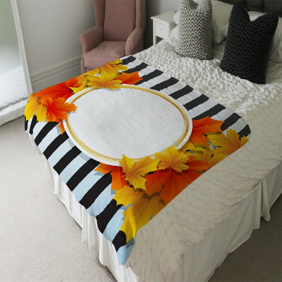 image 1 of Orange& Red Autumn Leaves on Black Stripes (Blanket)
