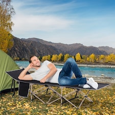 Outsunny Single Person Camping Bed Folding Cot Outdoor Patio Portable Military Sleeping Bed Travel Guest Leisure Fishing with Side Pocket and Carry Bag - Black