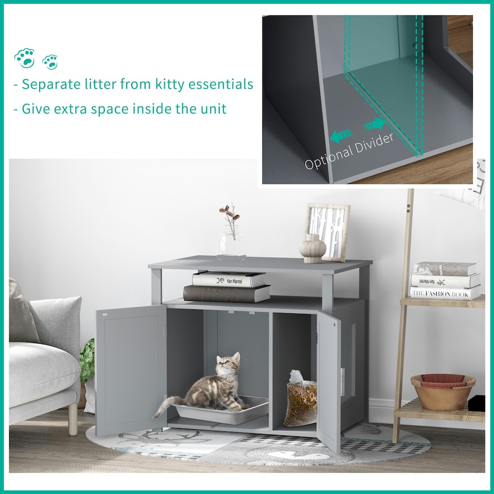 image 1 of PawHut Wood Cat Litter Box Enclosure Furniture w/ Adjustable Interior Wall Grey