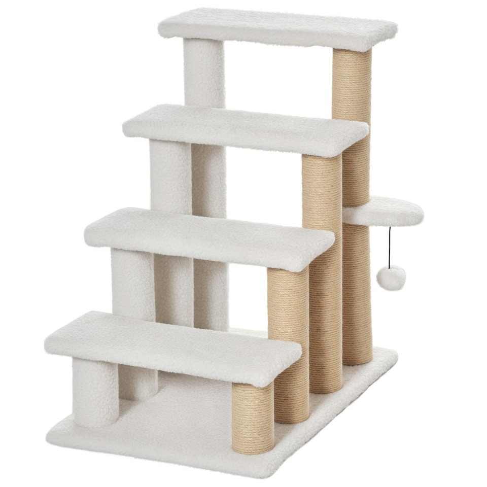 image 1 of PawHut Pet Stair with 4-step Climb Ladder, Scratching Posts, White