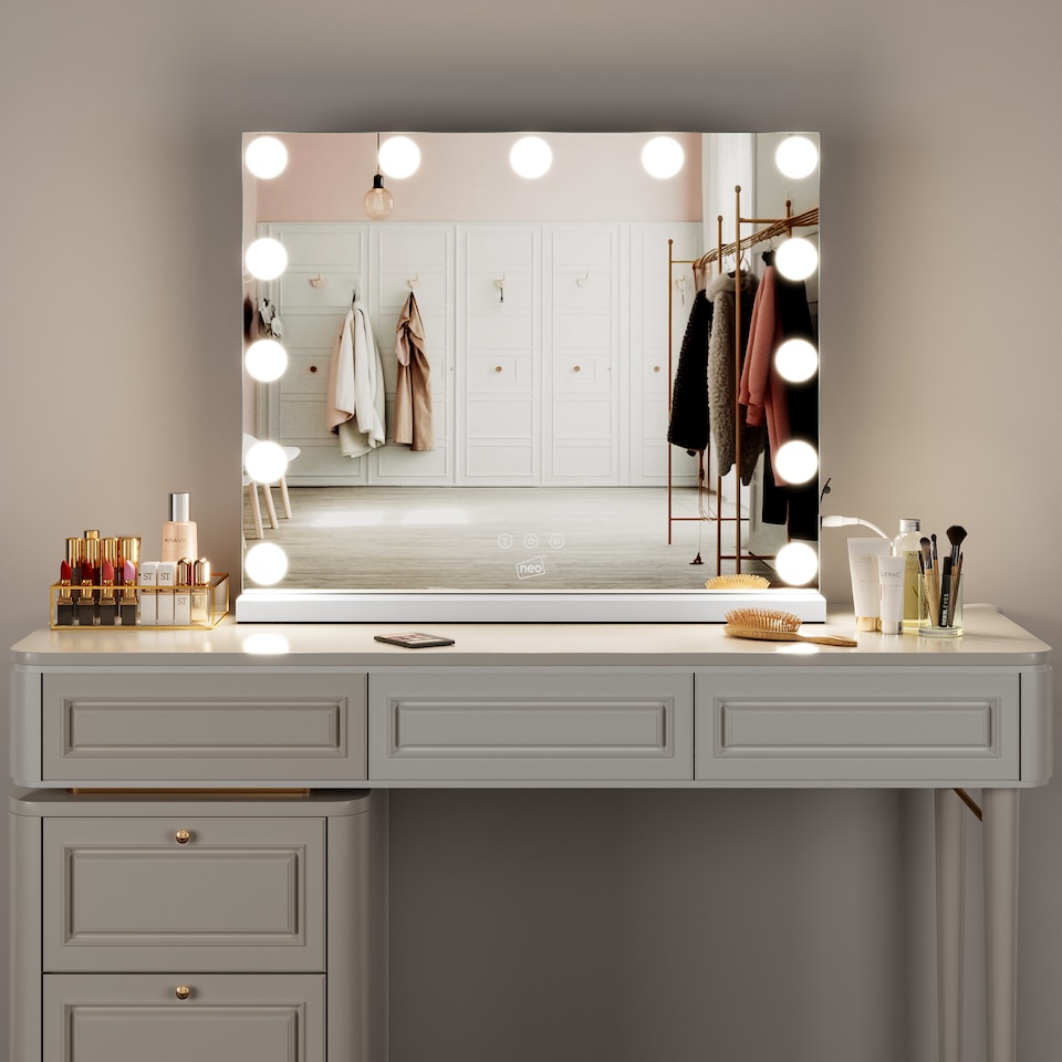 image 1 of Neo Hollywood Vanity Touch Wall Mounted Freestanding Mirror with 13 LED Bulbs Lights Makeup Lighted 3 Colour Dimmable Lighting Modes