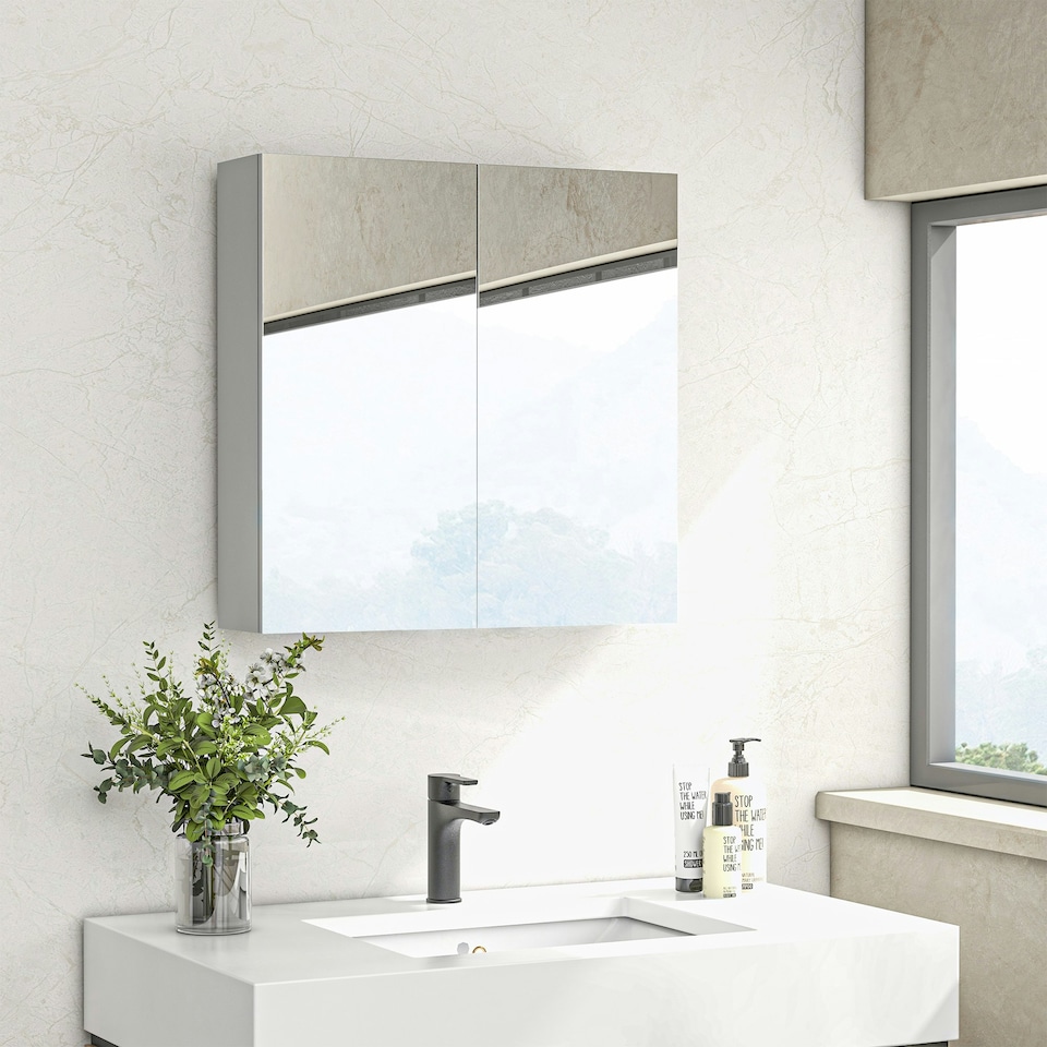 image 1 of kleankin Wall Mounted Bathroom Storage Cupboard W/ Mirror and Shelf, White