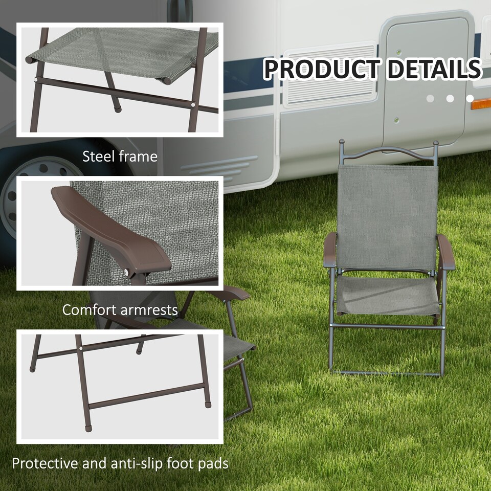 image 1 of Outsunny Folding Chairs Set of 2, Garden Chair with Armrest, Breathable Mesh Fabric Seat, Camping Sports Chairs for Adults, Dark Grey
