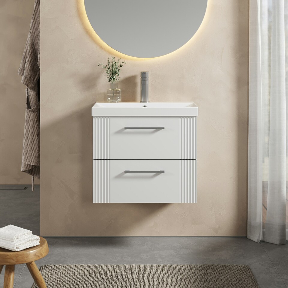 image 1 of Retro 2 Drawer Wall Hung Vanity Unit with Thin-Edge 1 Tap Hole Ceramic Basin - 600mm - Satin White - Balterley White