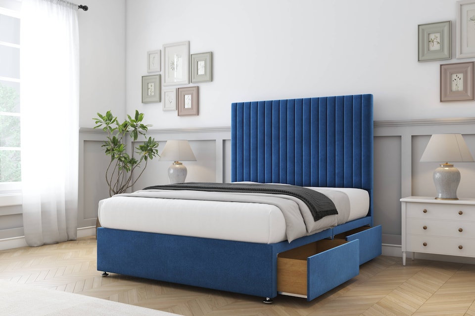 image 1 of Sloomy Manhattan Navy Plush Divan Bed Base No Drawers With 54 Inch Floor Standing Headboard | Blue | Navy | Super King | 1