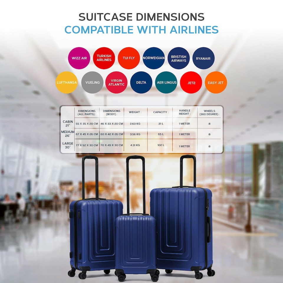 image 1 of Flight Knight Premium Lightweight Suitcase - Built-in Side Lock with USB Port - 8 Spinner Wheels - Hard Shell Carry On Or Check in Luggage 100 Airlines Approved Blue | Navy | Large