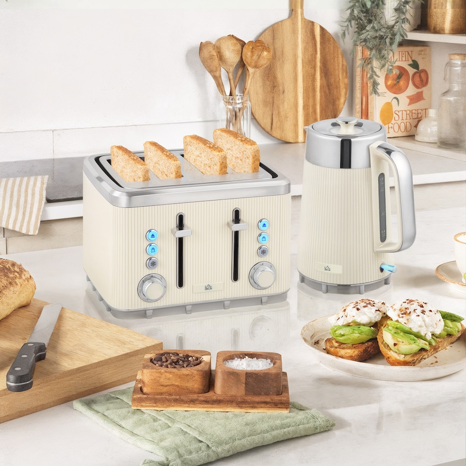 image 1 of HOMCOM Electric Stainless Steel Kettle and Toaster Set, 3000W 1.7L UK Strix Thermostat Fast Boil Kettle w Limescale Filter, Cool Touch Body, 4 Slice Toaster with 7 Browning Levels, Crumb Tray, Cream