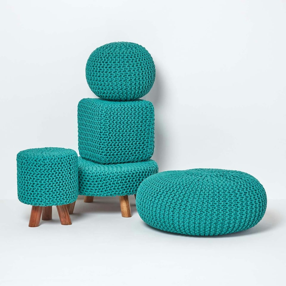 image 1 of Homescapes Teal Green Cube Cotton Knitted Pouffe Footstool