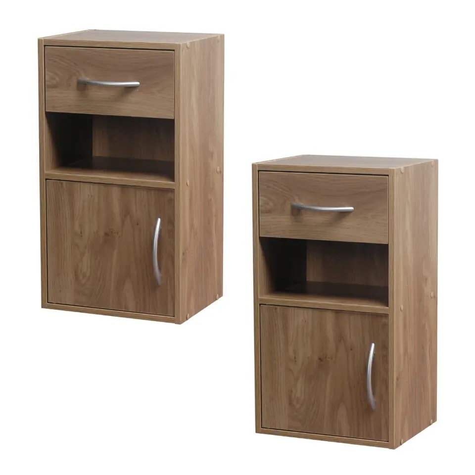image 1 of 2-Pcs Wooden Bedside Cabinets with 1 Door & 1 Drawer | Brown | 1