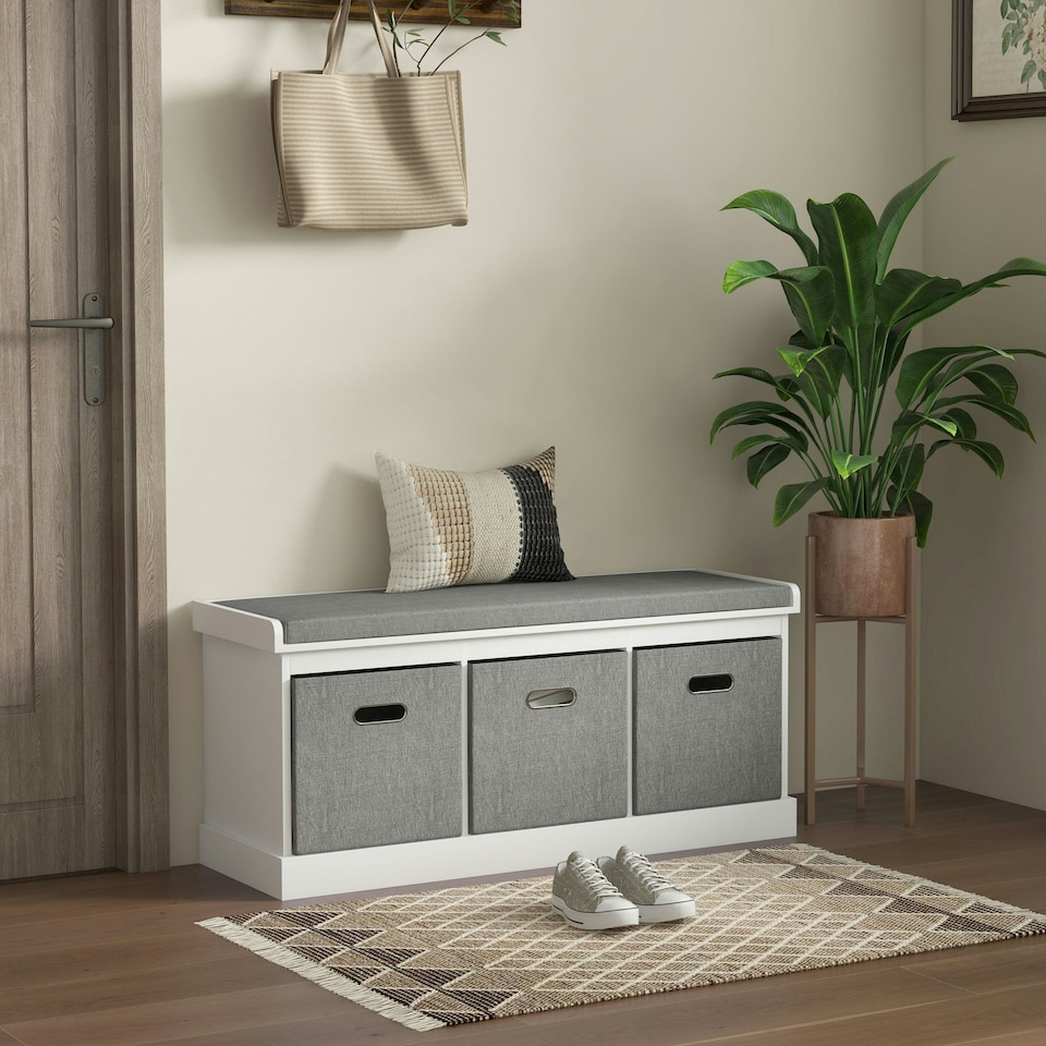 image 1 of HOMCOM Shoe Bench with Seat, Shoe Storage Bench Fabric Drawers, Grey White